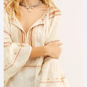 Free People Cream and Red Embroidered Blouse